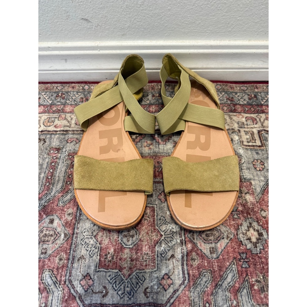Sorel Ella II Sandal Sage Green Suede Elastic Flat Strappy Womens 12 NL4654-358